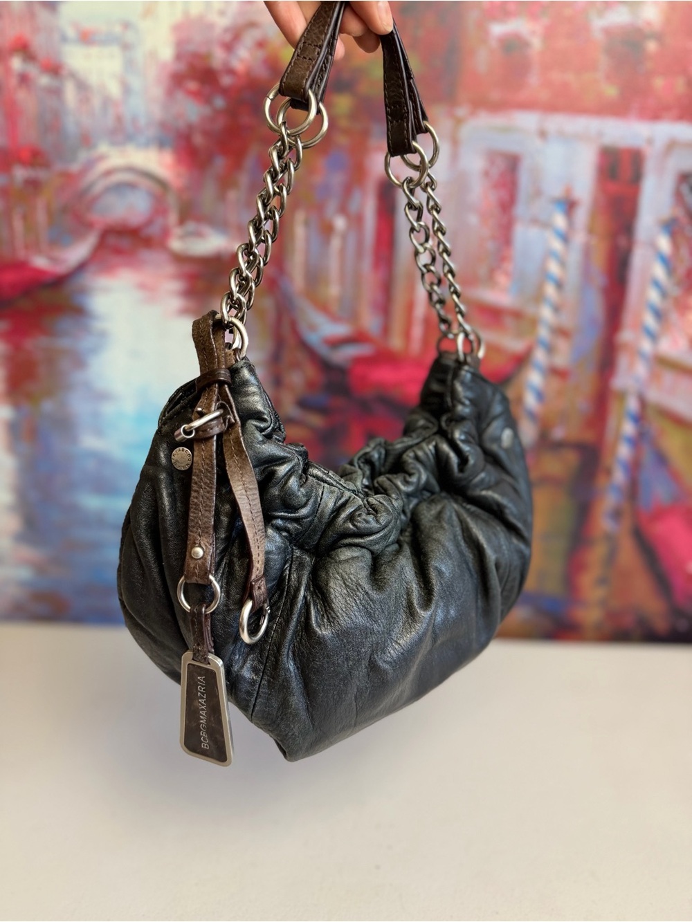 BCBGMaxAzria Black Ruched Leather Hobo with Chain-Strap - Picture 6 of 14